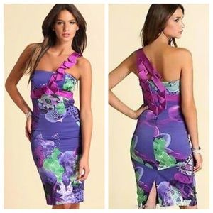 Karen Millen Purple Floral One Shoulder Satin Sheath Dress US 6